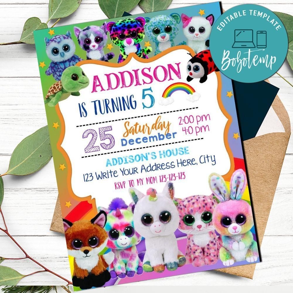 Beanie Boo Invitation Customizable Template Instant Download Bobotemp