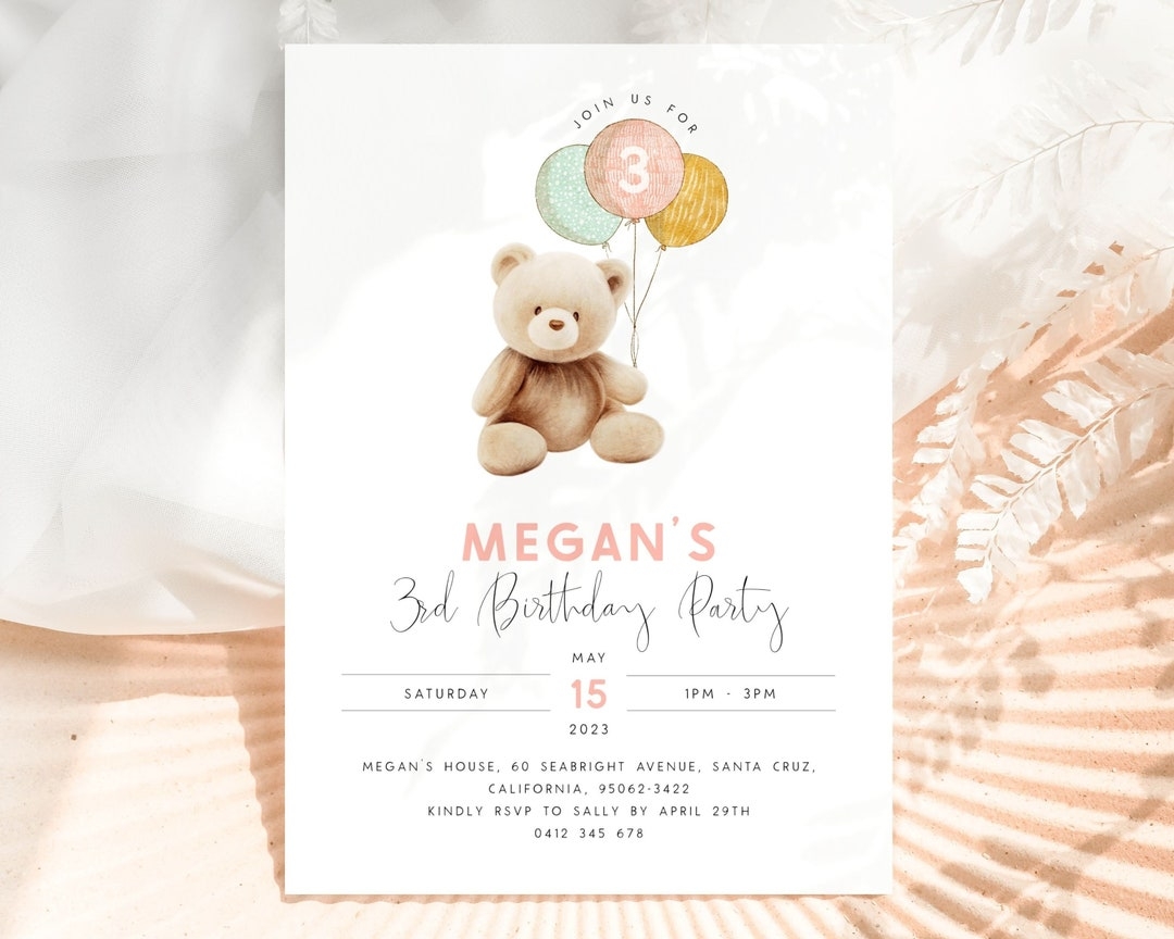 Bear Birthday Invitation Template Editable Beary Third Etsy