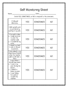 Behavior Self Monitoring Worksheet checklist pdf