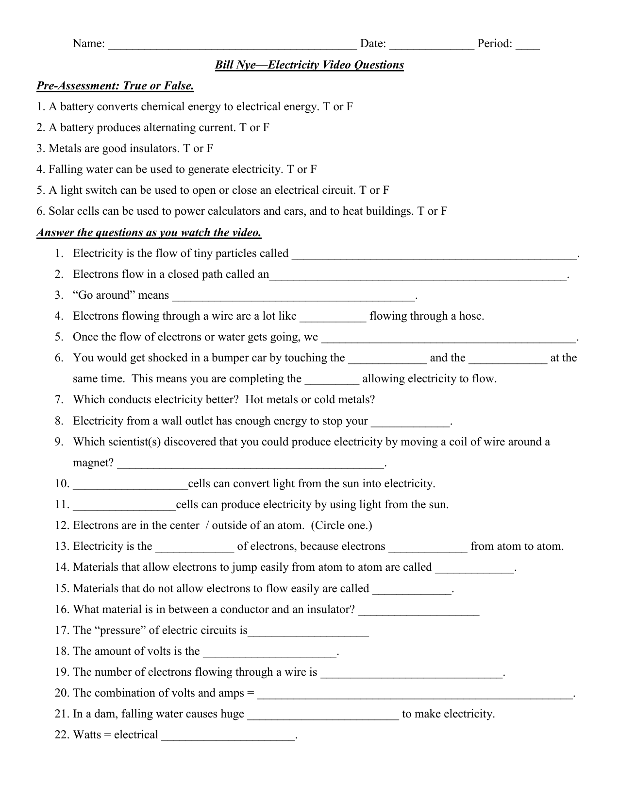 Bill Nye Electricity Worksheet E streetlight
