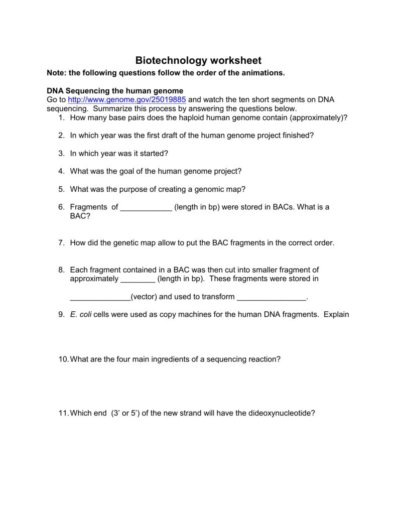 biotechnology worksheet