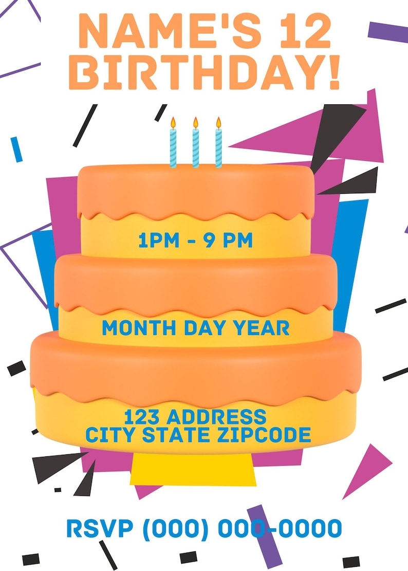 Birthday Cake Invitation Template Canva Editable Download Etsy