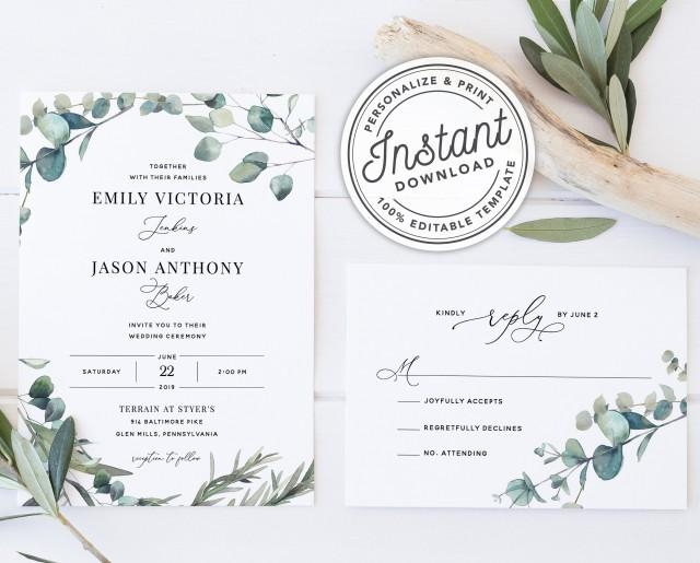 Bohemian Wedding Invitation Template Suite With Eucalyptus Greenery 