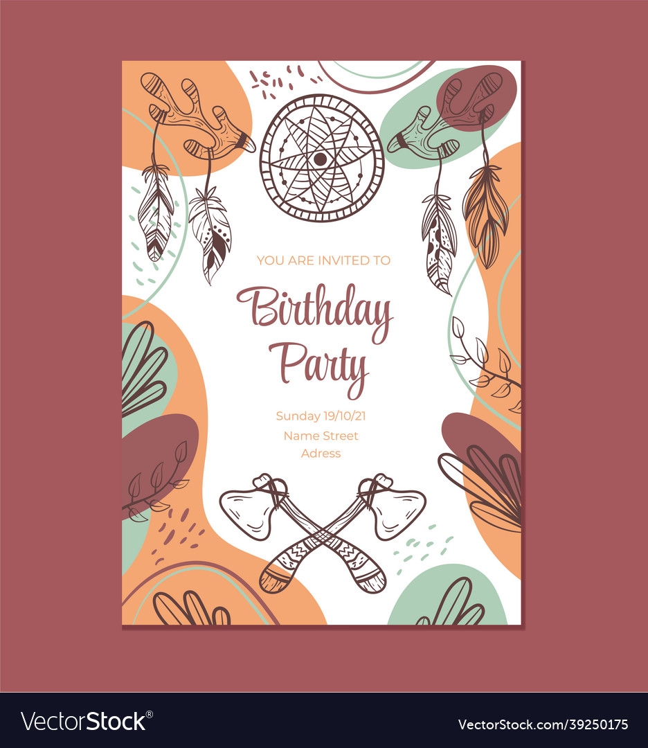 Boho Style Birthday Invitation Template Graphic Vector Image