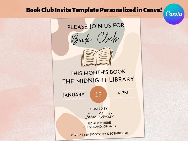 Book Club Monthly Invite Template Fully Editable In Canva Digital Book 