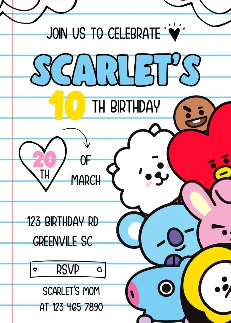 BT21 Birthday Invitation Template Canva 1 Editable Birthday Cards 