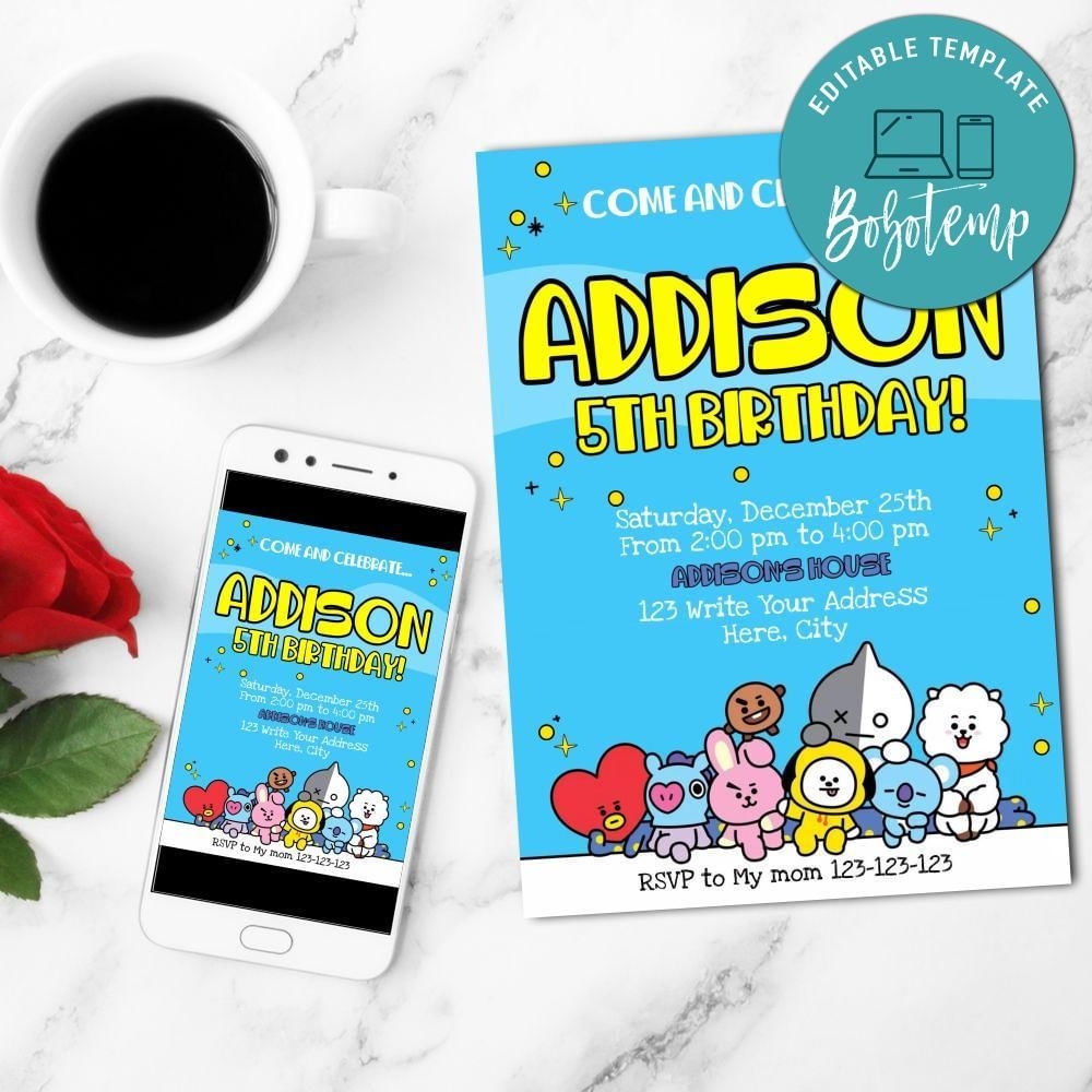 BT21 Invitation Customizable Template Instant Download Bobotemp