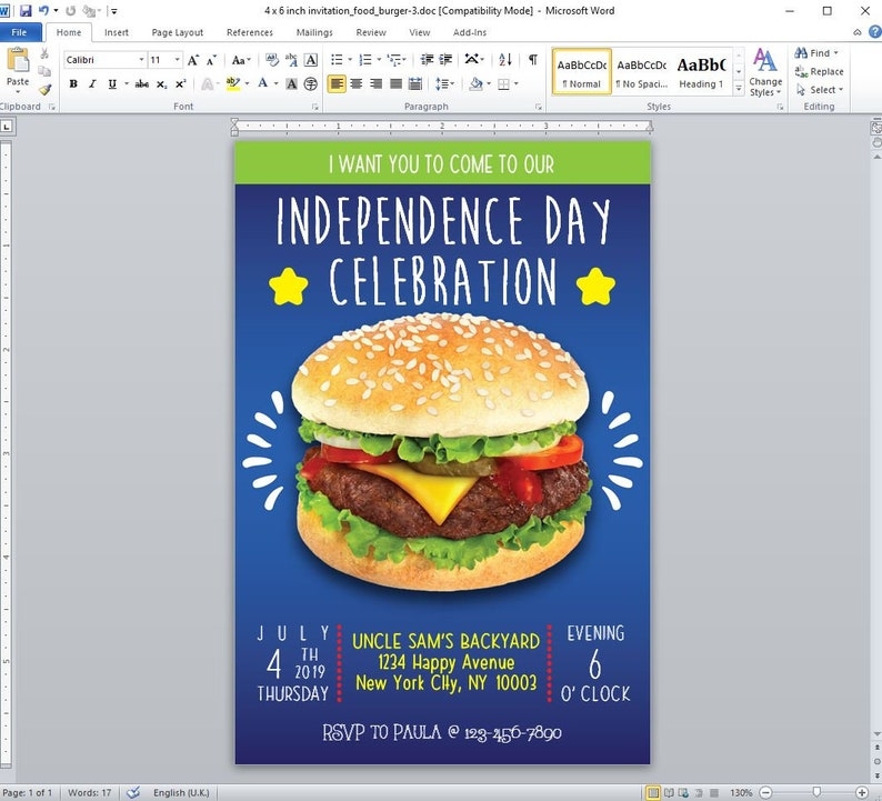 Burger Invitation Editable Template Instant Download Digital Etsy