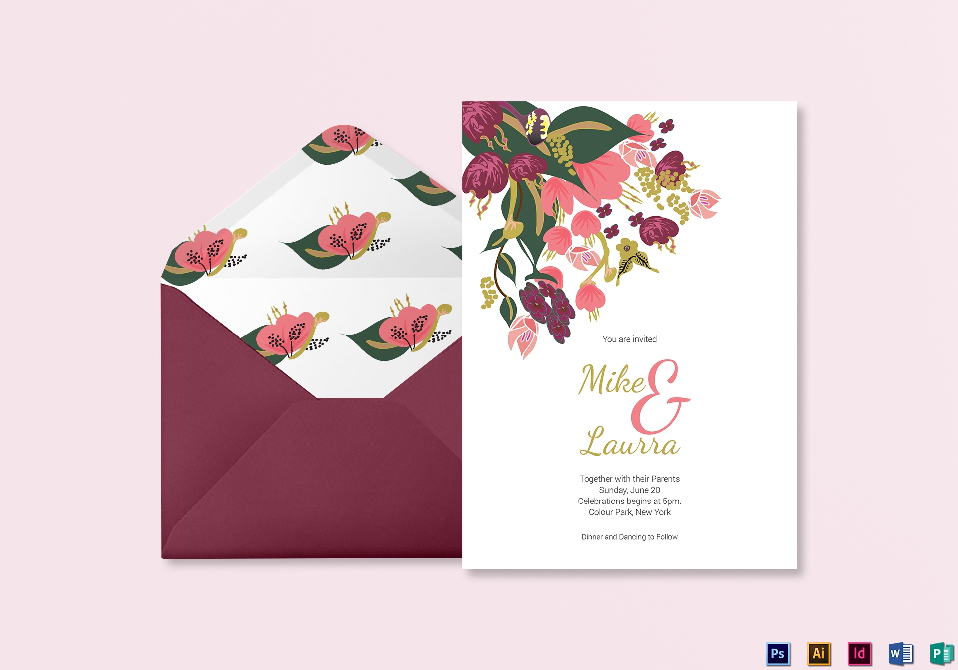 Burgundy Floral Wedding Invitation Card Design Templates In Word PSD