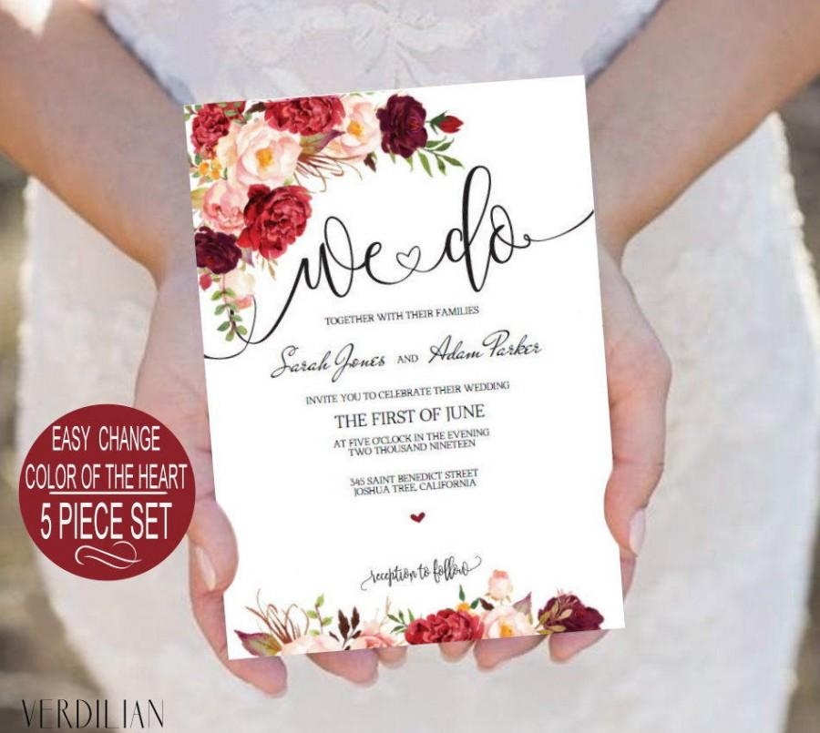 Burgundy Flowers Watercolor Floral We Do Wedding Invitation Template 5 