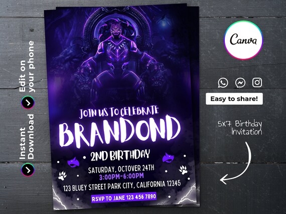CANVA Black Panther Birthday Invitation Template Printable Birthday 