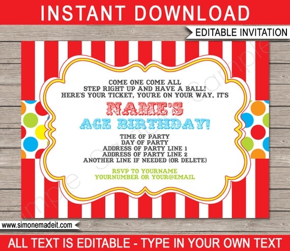 Carnival Invitation Template Birthday Party Carnival Party Etsy