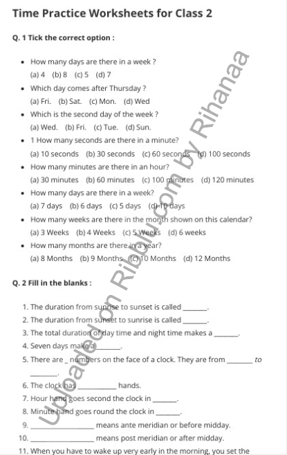 CBSE Class 2 Maths Time Worksheets
