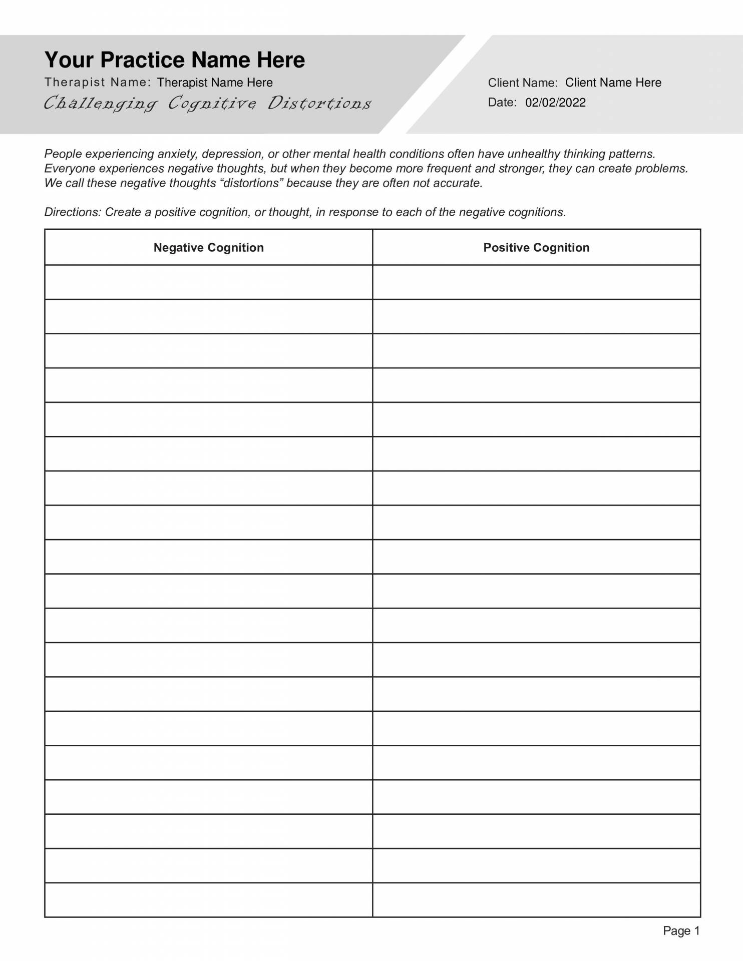 Challenging Cognitive Distortions Worksheet PDF Worksheets Library