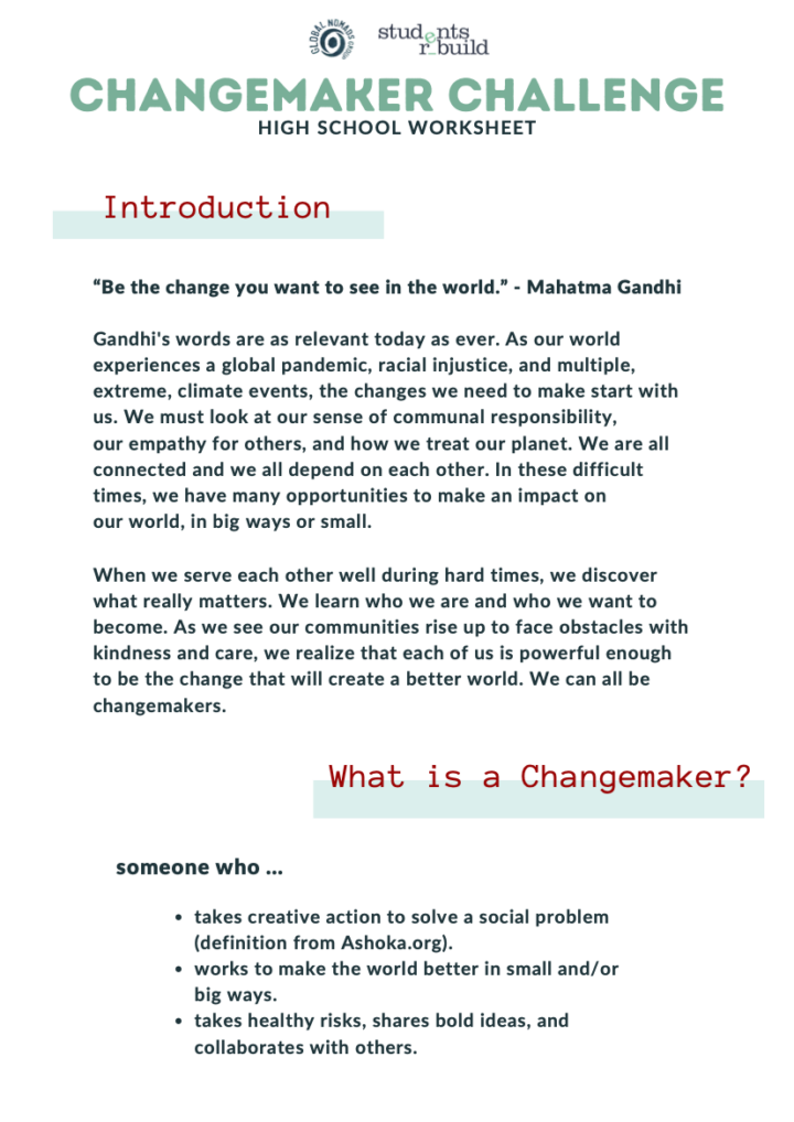 Changemaker Challenge Changemaker Worksheet High School Students 