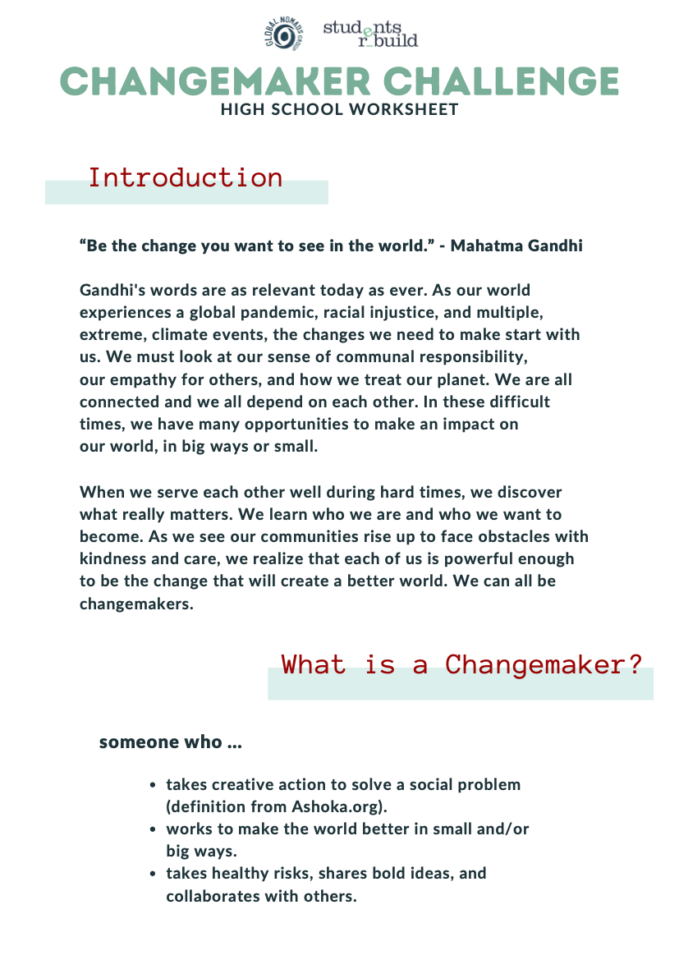 Changemaker Challenge Changemaker Worksheet High School Students