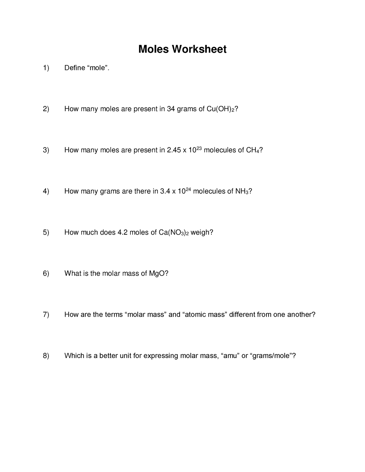 moles molecules and grams worksheet