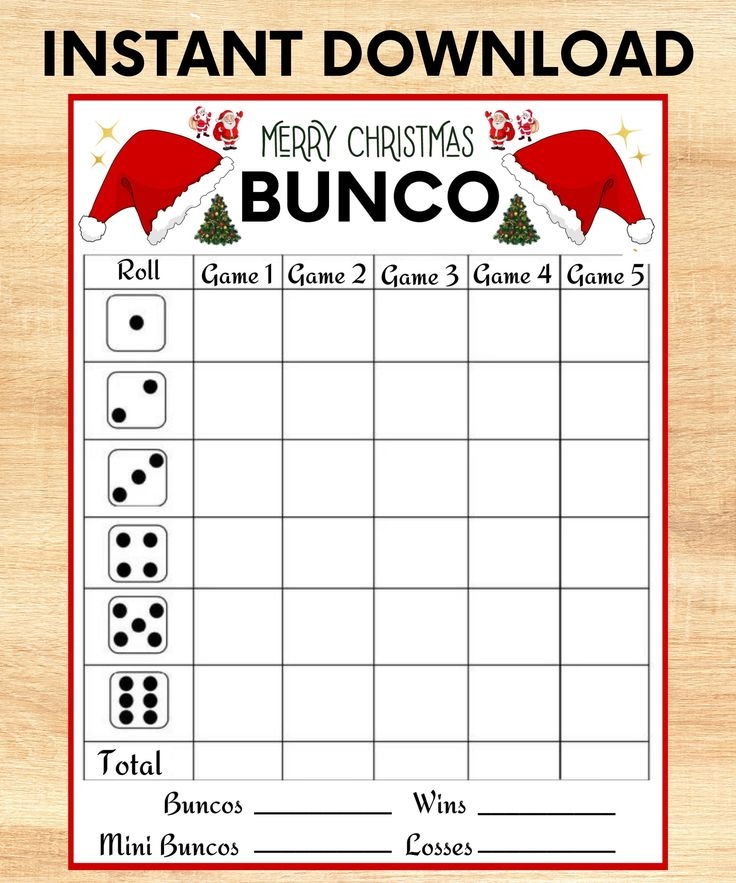 Christmas BUNCO Game Printable Bunco Cards Score Card Tally Sheet 