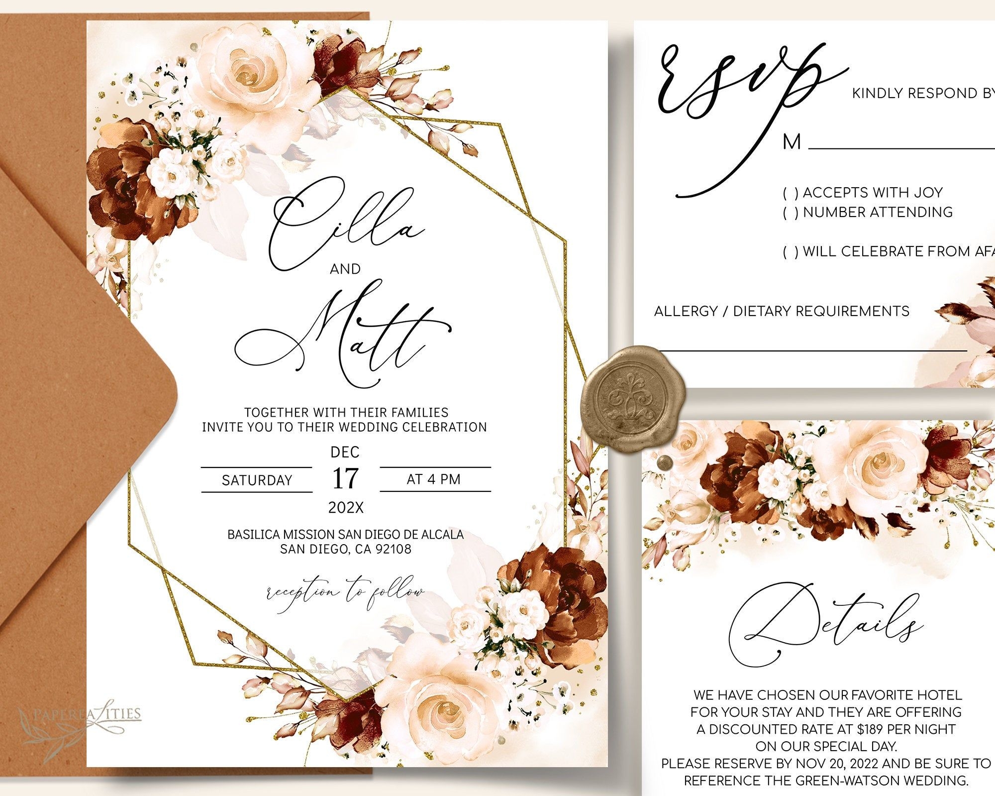 CILLA Burnt Orange Wedding Invitation Template Rust Wedding Invitation