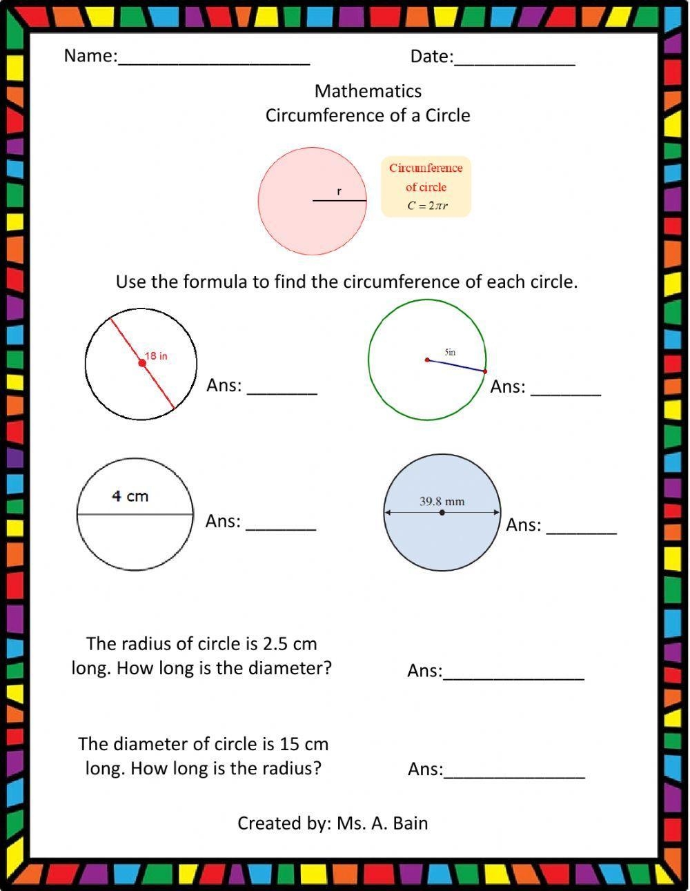 Circumference Of A Circle Worksheets Free Printable Worksheets Library