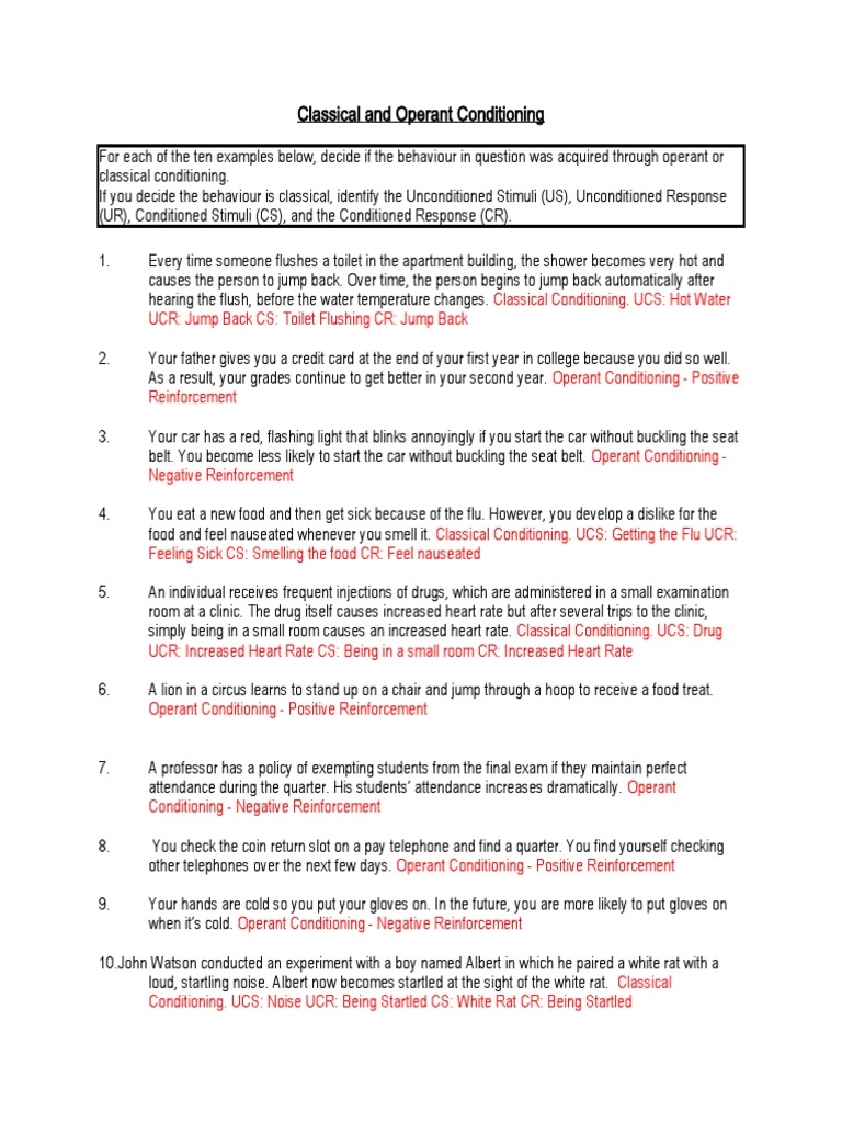 Classicaland Operant Conditioning ANSWERS PDF Classical
