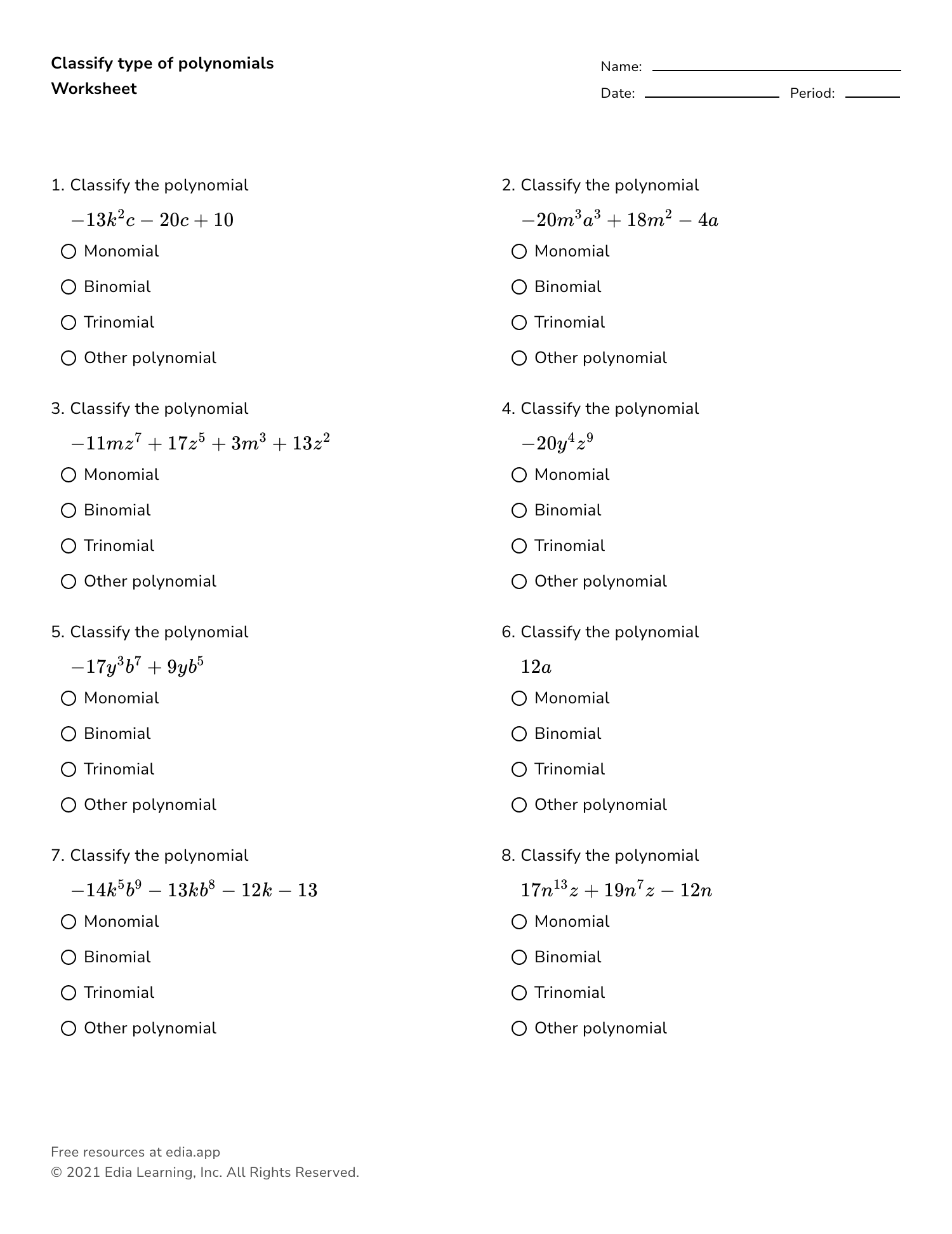 classifying polynomials worksheet