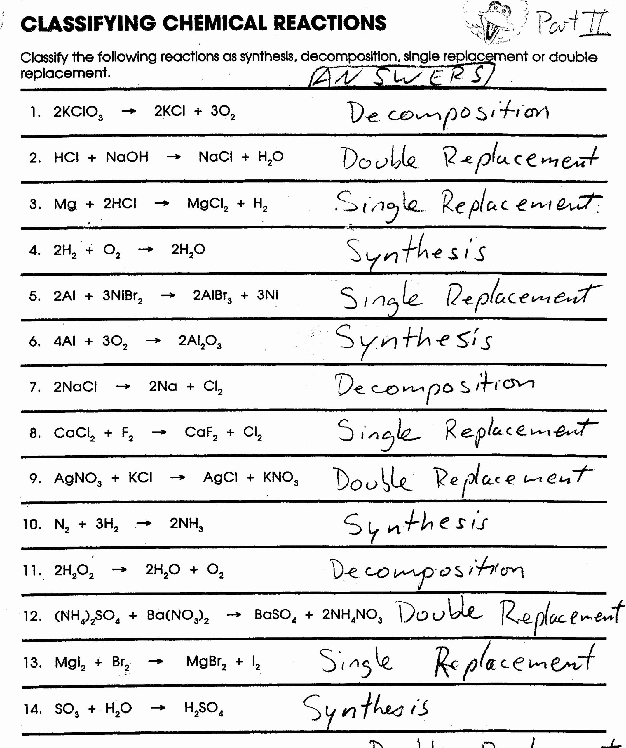 types of reactions worksheet answers
