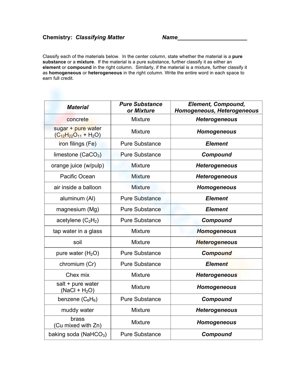 classification of matter worksheet answer key