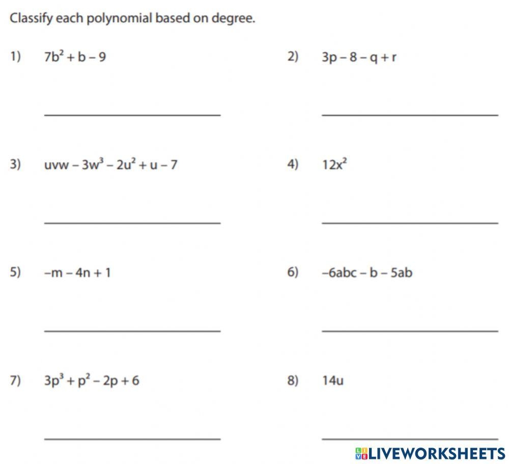 Classifying Polynomials By Its Degree Worksheet Live Worksheets 