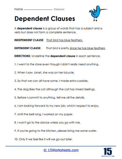 independent clause dependent clause worksheet