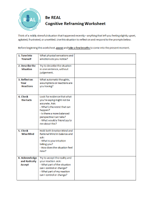 Cognitive Reframing Worksheet The Center For Child And Family Well Being