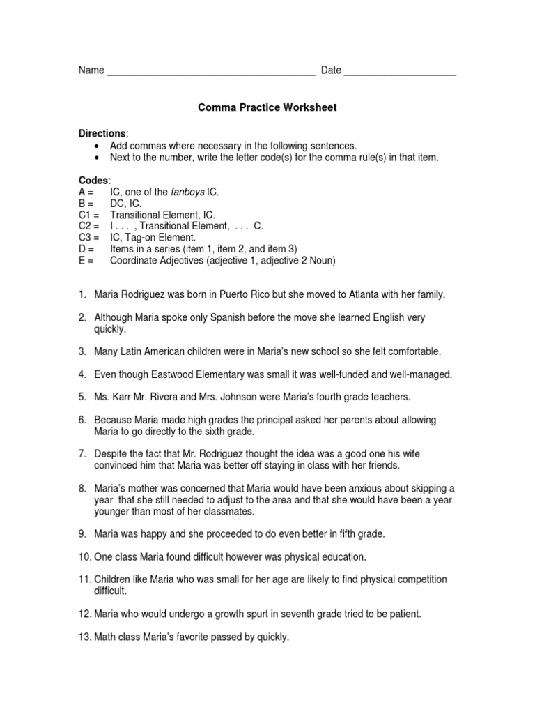 Comma Practice PDF Comma Language Mechanics Worksheets Library