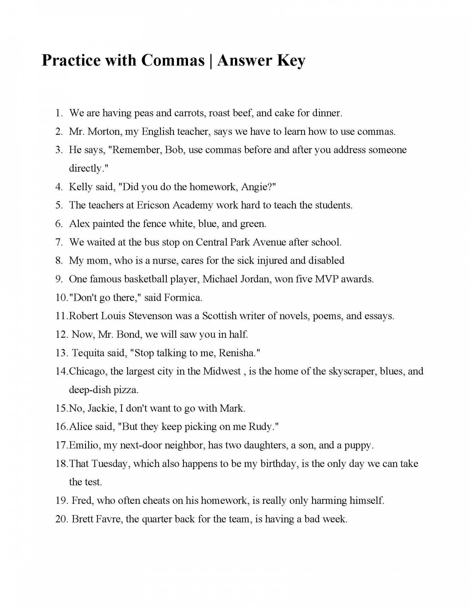 Comma Practice Worksheet High School Printable PDF Template