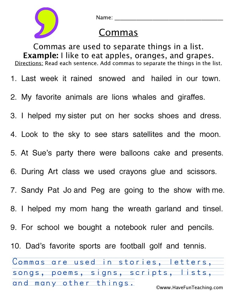 comma practice worksheet