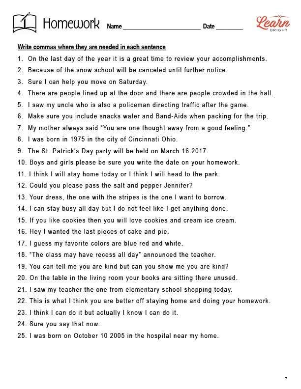 comma practice worksheet middle school