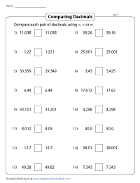Comparing Decimals Worksheets