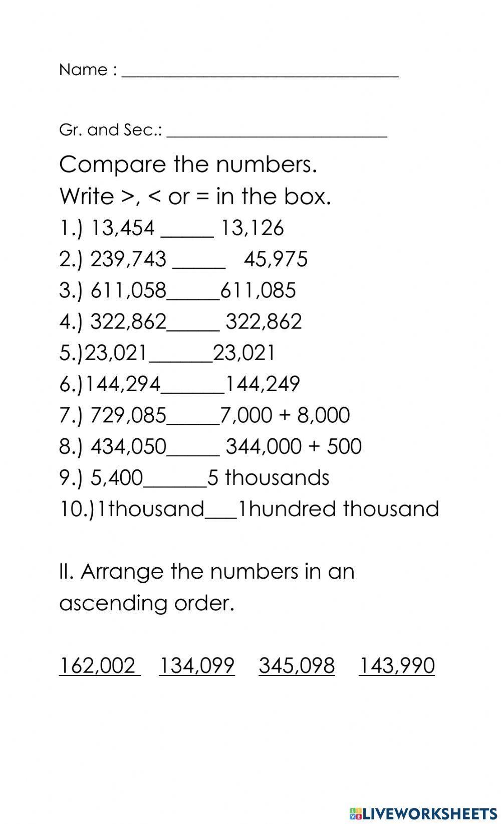 Comparing Numbers Worksheet For 4 Live Worksheets Worksheets Library