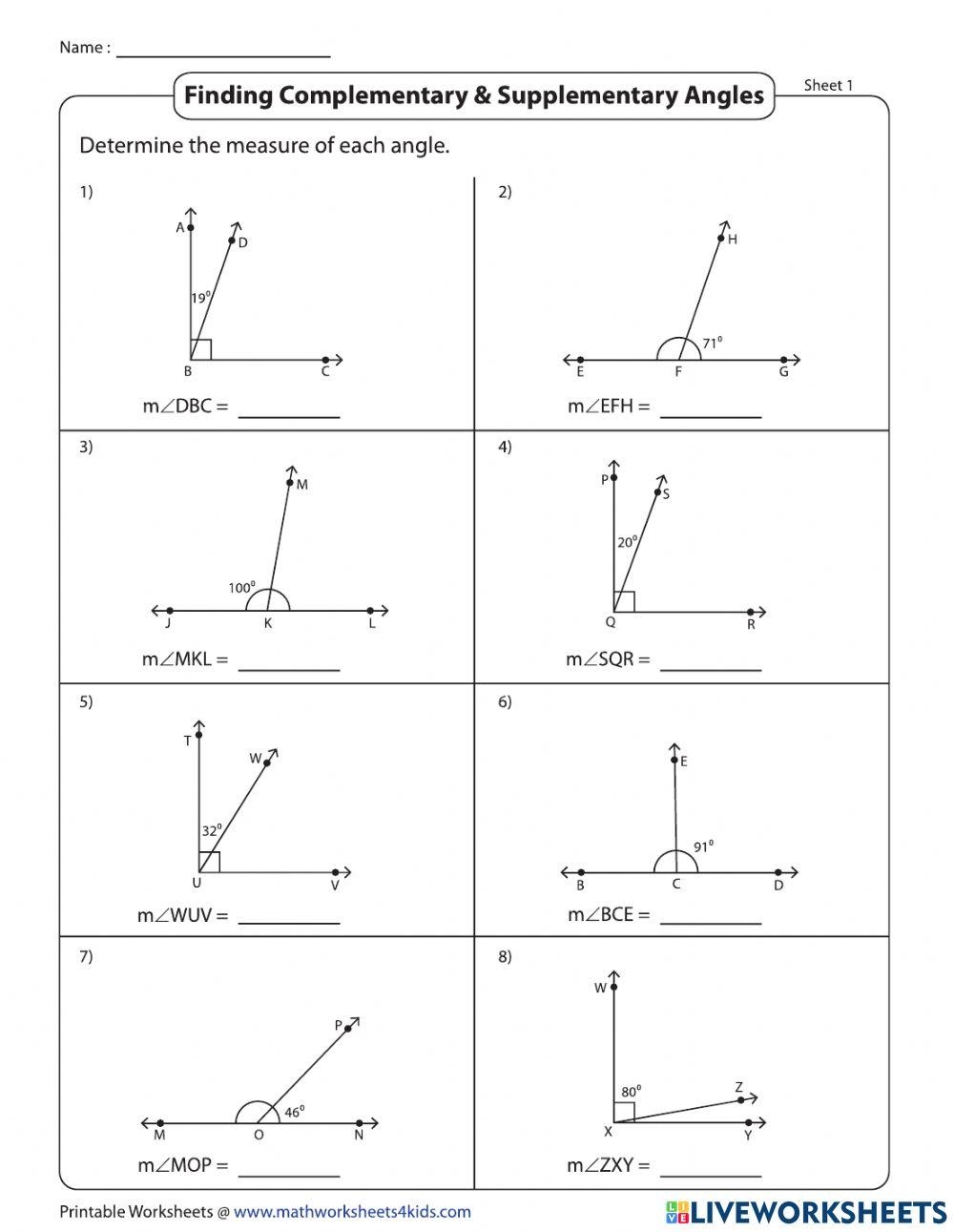 worksheets on supplementary and complementary angles