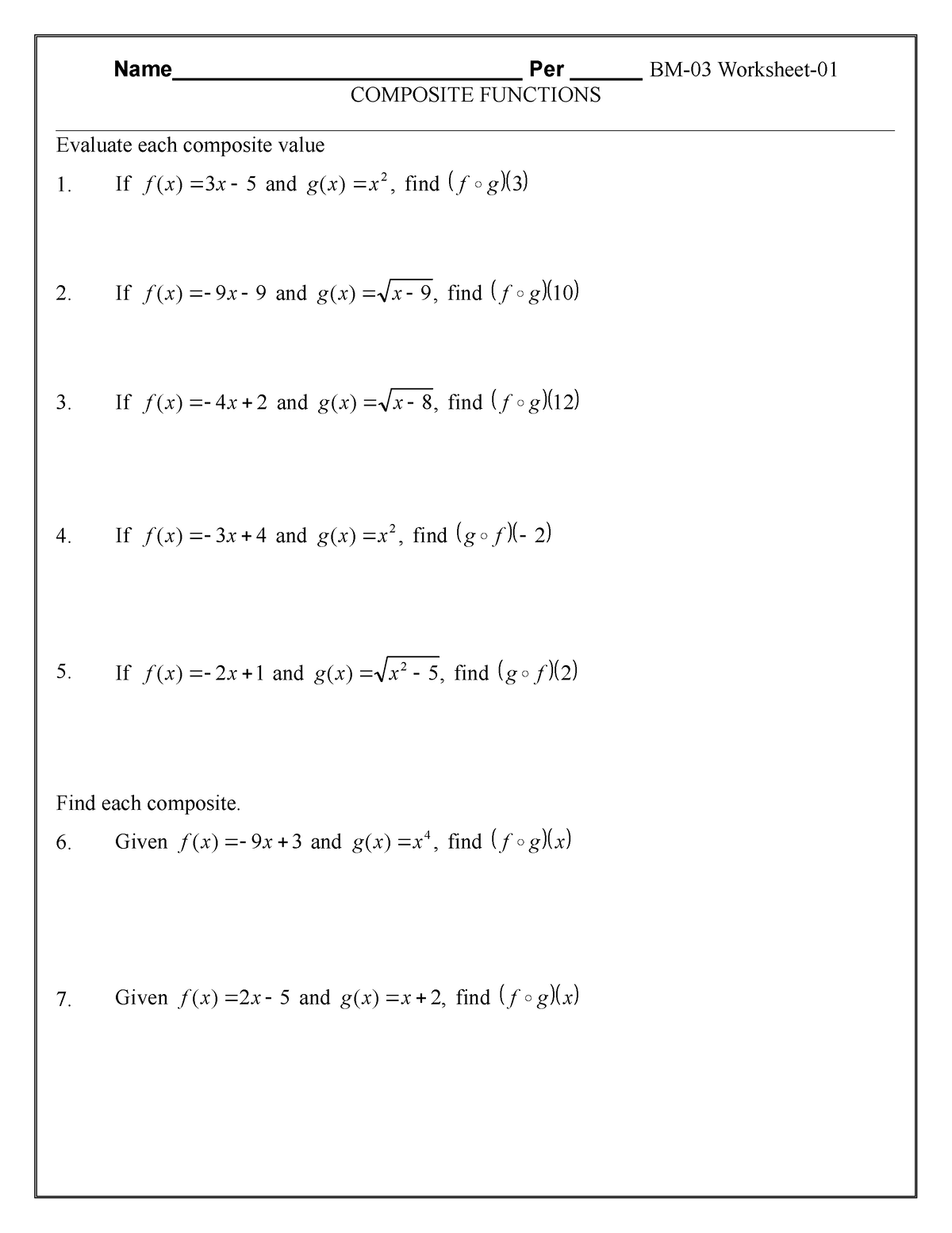 Composite Function Worksheet COMPOSITE FUNCTIONS Studocu