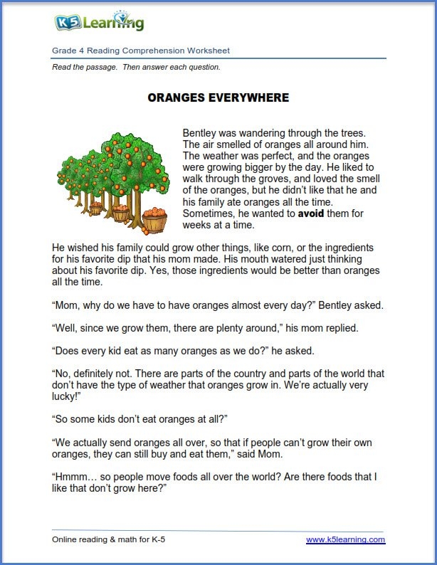 Comprehension Worksheets Grade 4