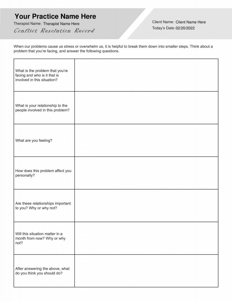 Conflict Resolution Record Worksheet Editable Fillable Printable PDF 