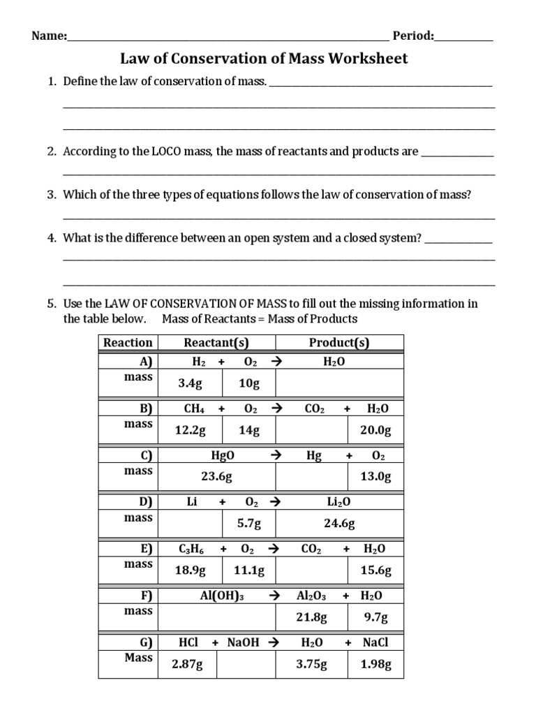Conservation Of Mass Worksheets Library
