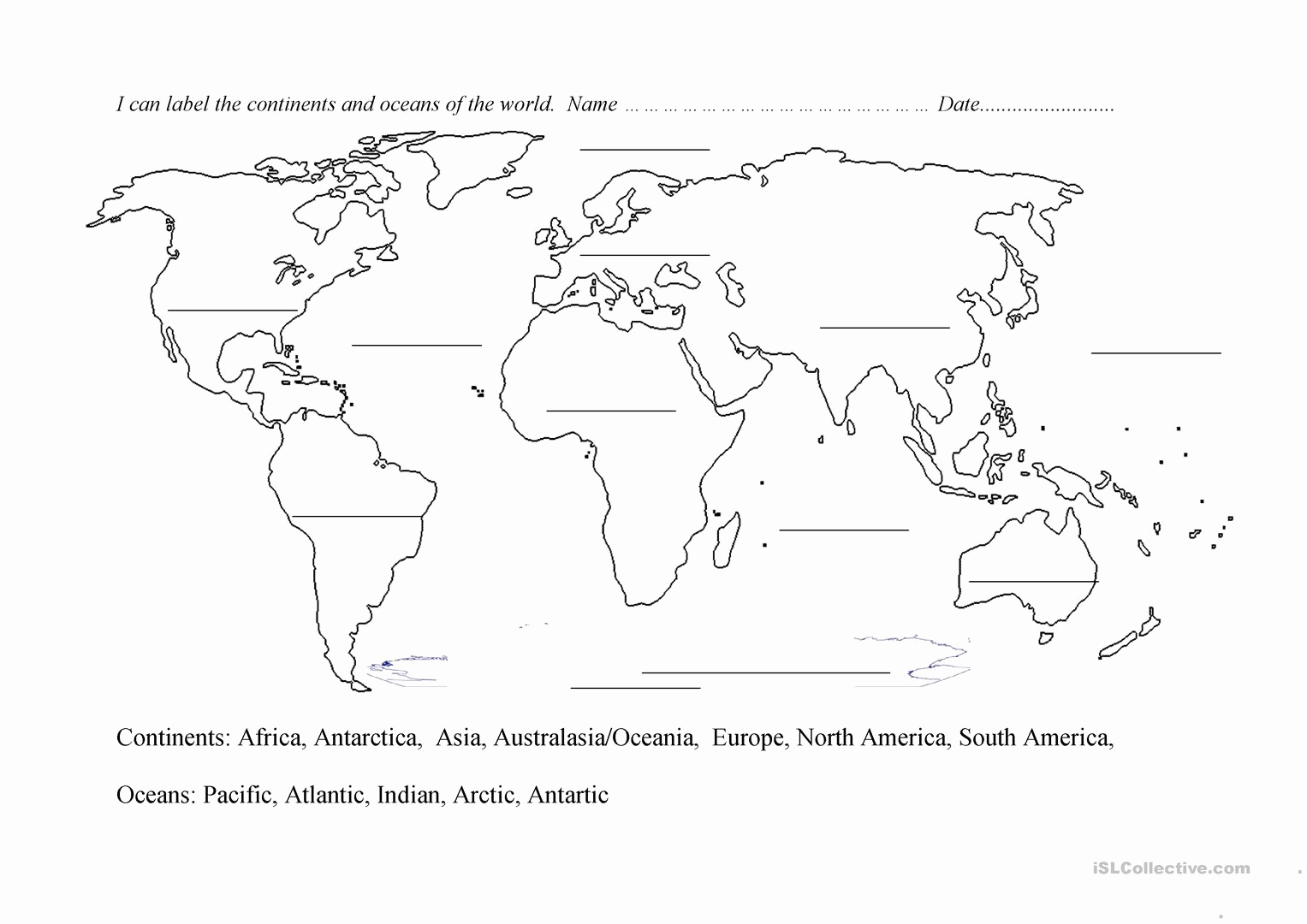 continents oceans worksheet