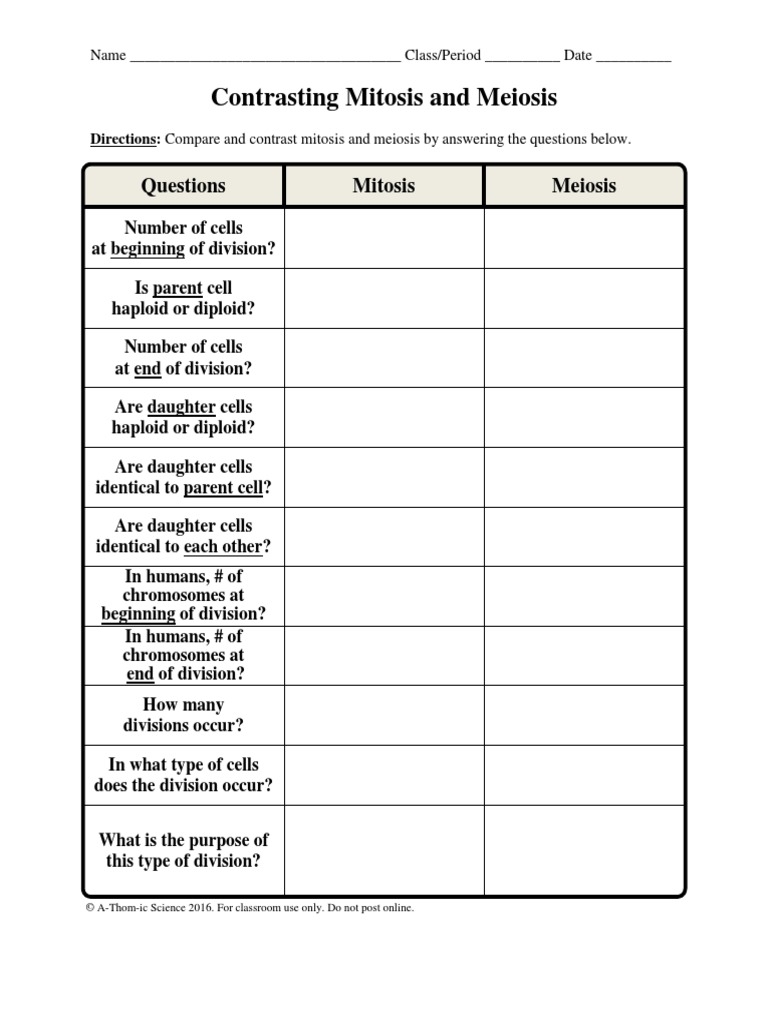 Contrasting Mitosis And Meiosis PDF Ploidy Meiosis Worksheets 