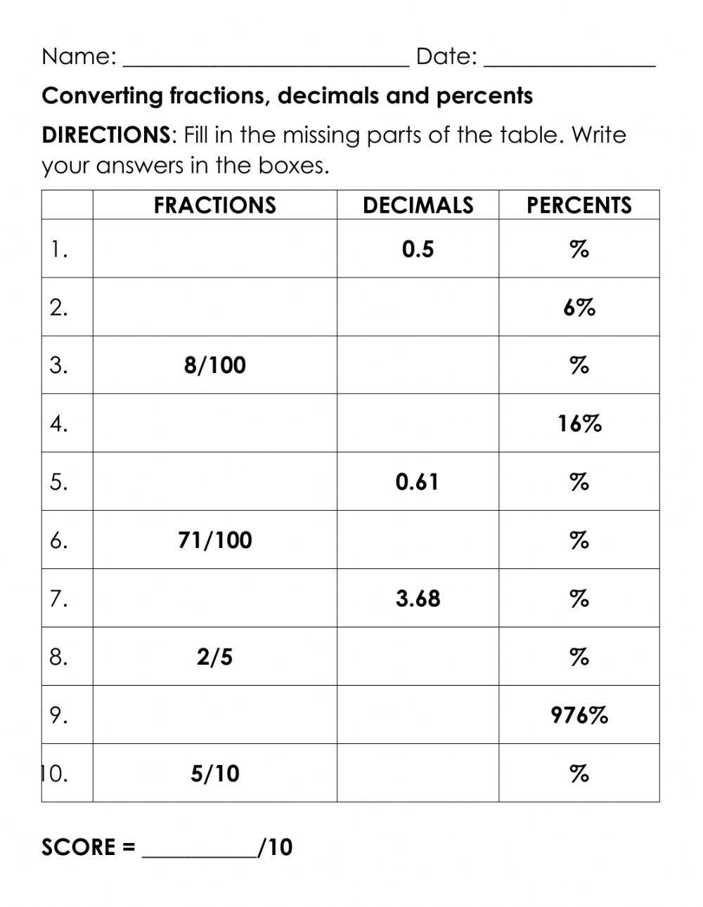 decimal worksheet