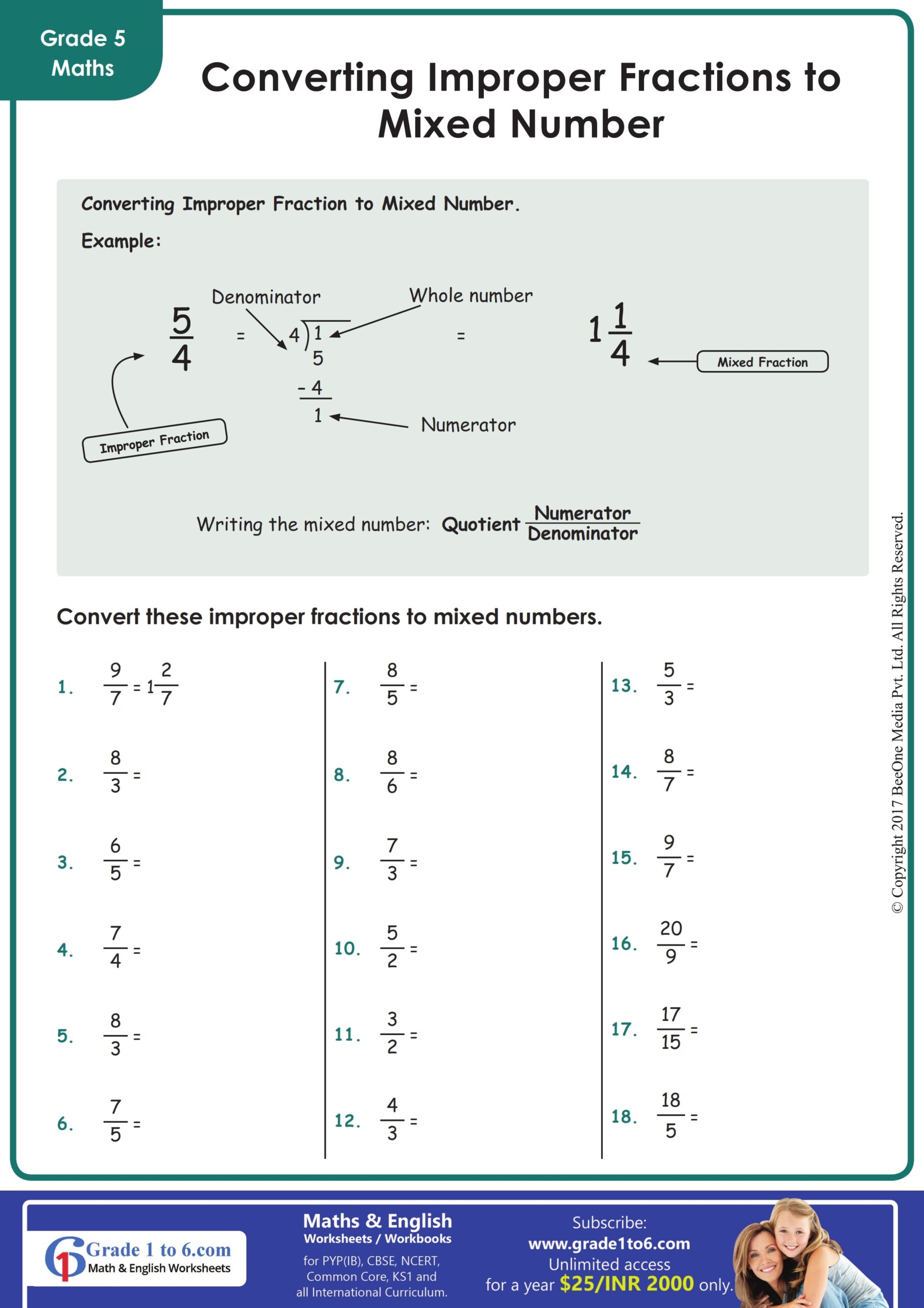 Converting Improper Fraction To Mixed Number Grade1to6 Worksheets
