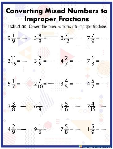 changing mixed numbers to improper fractions worksheet