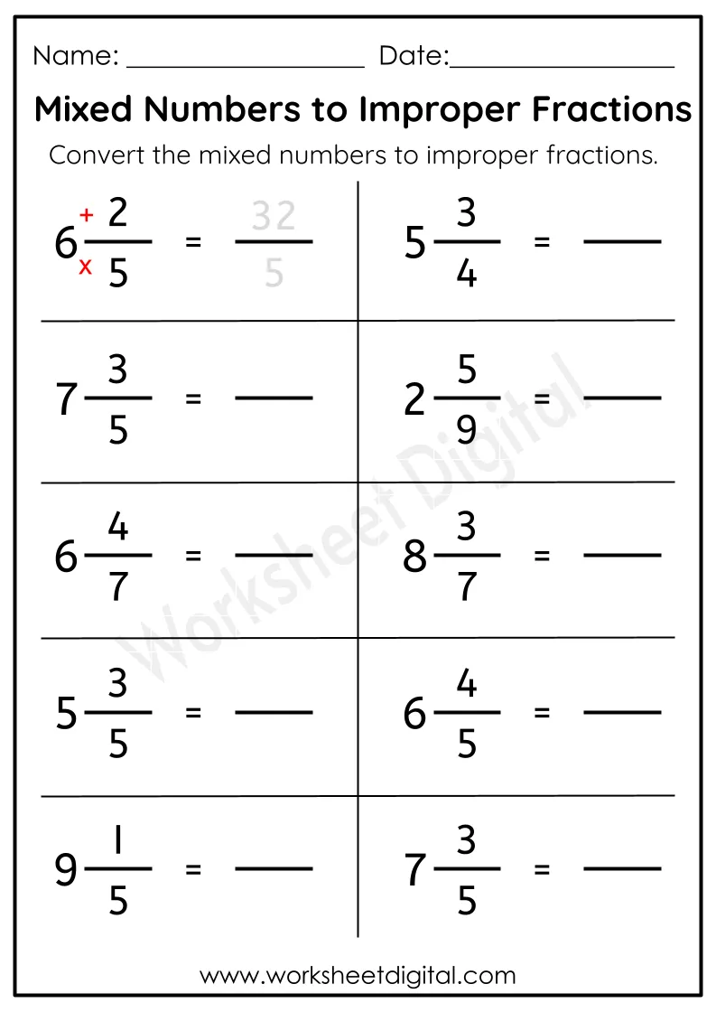 Converting Mixed Numbers To Improper Fractions Worksheets 