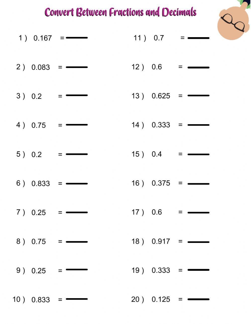 converting from fractions to decimals worksheet