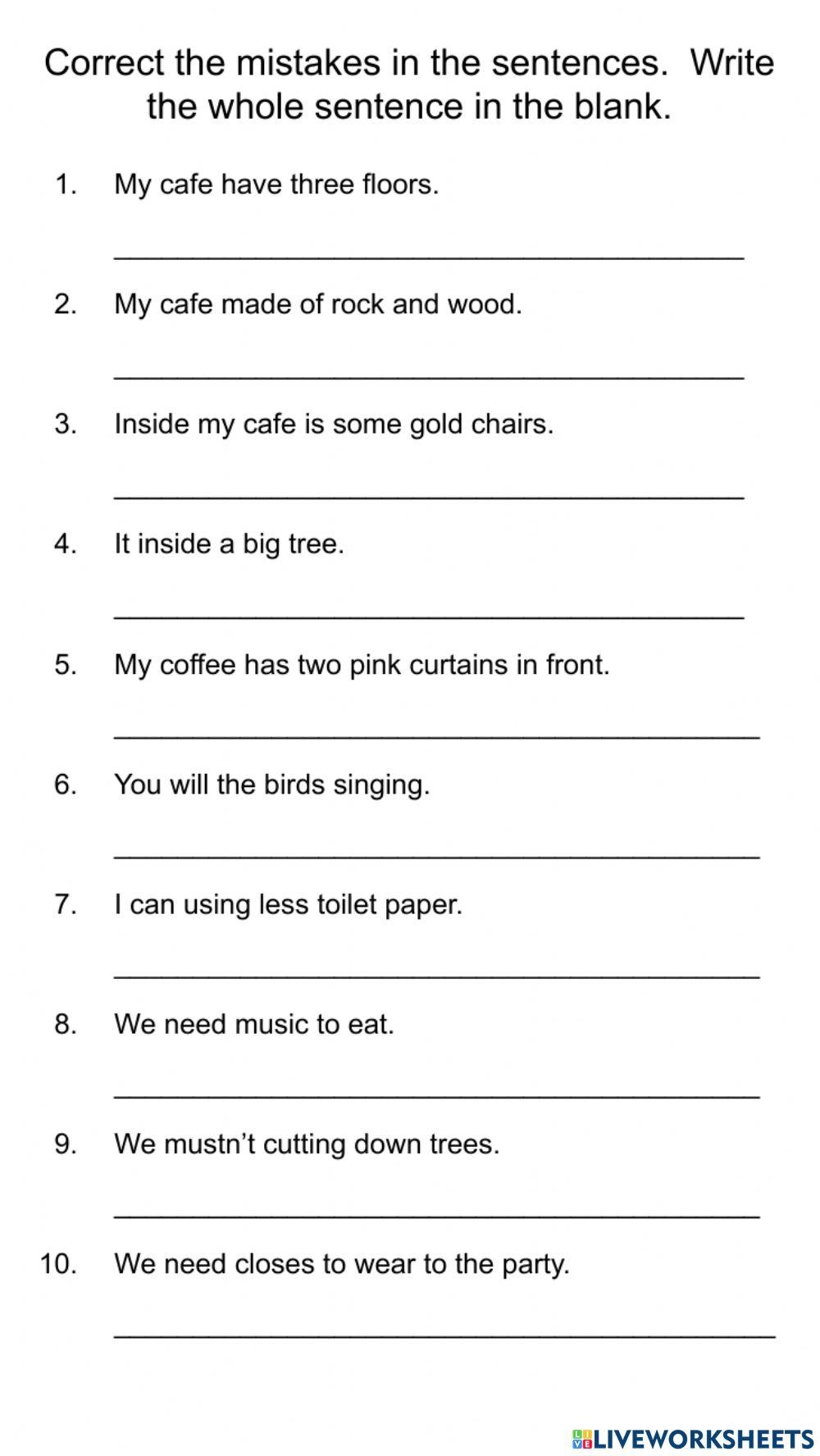 correct the sentence worksheet